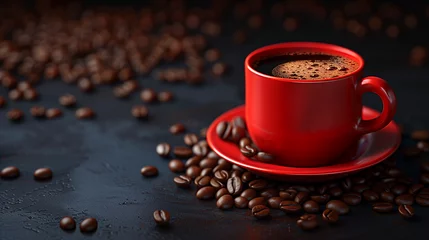 Poster Coffee in a red mug with saucer on a dark background with scattered coffee beans © Marina