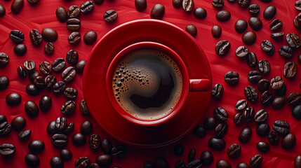 Coffee in a red mug on a red saucer on a red surface with coffee beans scattered on it