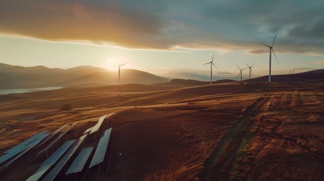 Wind turbines and solar panels farm on breathtaking landscape, beautiful nature, professional photo