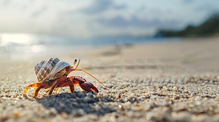 hermit crab scuttled along the sandy beach, its tiny legs carrying it across the grains of sand with purpose. As it traversed the shoreline, the rhythmic sound of the waves provided soothing backdrop. - obrazy, fototapety, plakaty
