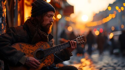 street musician passionately playing their instrument - obrazy, fototapety, plakaty