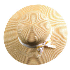Fototapeta na wymiar Elegant golden straw hat with ribbon on a transparent background