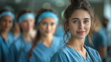 Fototapeta premium Portrait of a young doctor in the hospital standing with her nursing students, dressed in scrubs, looking to the camera, empty space, blurred background