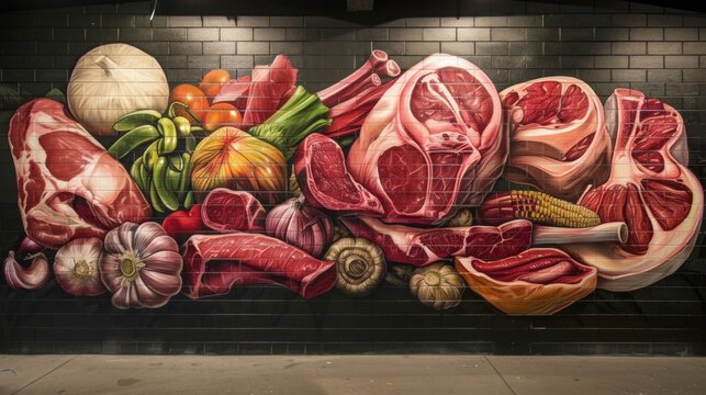 Mural various meats. Wall paint for cafe and restaurant