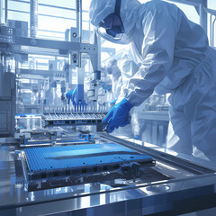 Precision Engineering: Technician Inspecting Semiconductor Wafer in Clean Room - obrazy, fototapety, plakaty