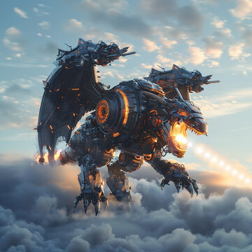 Dragon mech with jet propulsion soft light breaking the sound barrier stock photo format