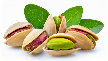Flat lay of pistachio nuts with leaves on a white background