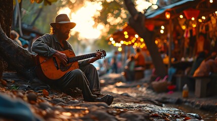 street musician passionately playing their instrument - obrazy, fototapety, plakaty