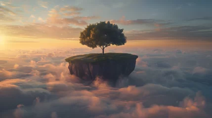Fotobehang Fantasy floating island with natural grass field on the rock surreal float landscape, Magical landscape with kid climbing ladder  © Haadii