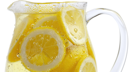 Chilled lemonade in a glass pitcher with fresh lemon slices