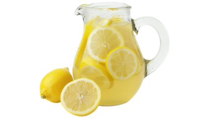 Chilled lemonade in a glass pitcher with fresh lemon slices