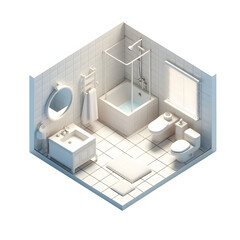 Fototapeta na wymiar isometric bath Room with bathtub besin miror minimal Interior 3d Illustration white color concept