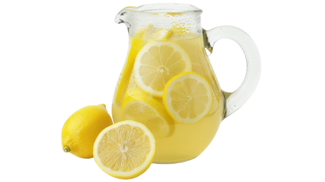 Chilled lemonade in a glass pitcher with fresh lemon slices