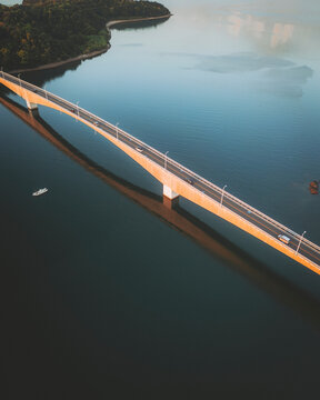 Aerial shot of a bridge in the Amakusa Islands at sunset, Kyushu, Japan.