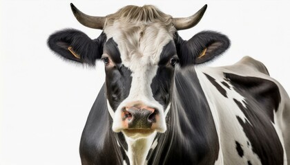 Cow isolated on white, standing upright black and white, full length and front view and copy space	
