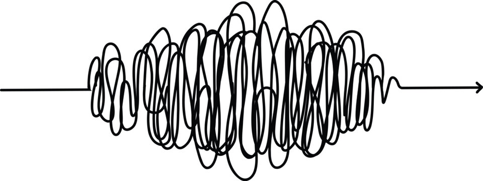 Chaotic line arrow. Doodle chaos simple drawn symbol, confused messy knot tangle scribbled line. Vector isolated. Tangled wires, complicated thoughts, brain confusion, problem solving