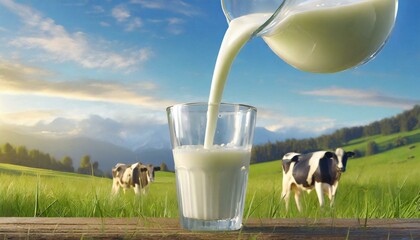 Pouring fresh milk from pitcher into the glass with grass field and cows background	