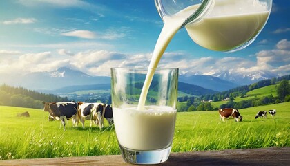 Pouring fresh milk from pitcher into the glass with grass field and cows background	 - obrazy, fototapety, plakaty