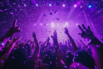 Close-up of several partygoers dancing in the purple light. AI-generated