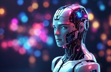 Human android with brain of an AI, dot, neon, technology