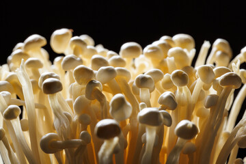 Enoki mushrooms on black background, focus on the mushroom inside, close up view. Healthy and tasty edible mushrooms