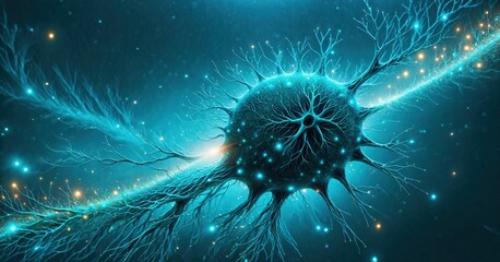 Neuron cells system disease - neuron cells hologram view interconnected neurons synapses. Synapse. Healthcare concept. Glowing neurons signals.