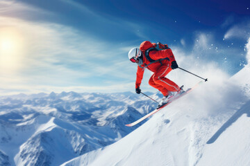 Naklejka na ściany i meble A man Skier enjoying snowy mountain slopes amidst thrilling winter sports action