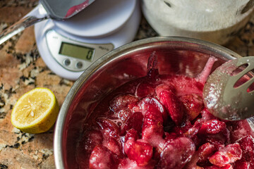 Making plum jelly the traditional way. Only three ingredients in this recipe: fruit, sugar and lemon juice. Home made food is always healthier and budget friendly.