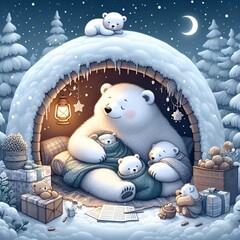 illustration of a family of bears hibernating in a cozy den. AI Generated.