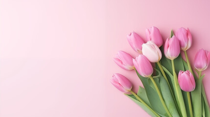 Obraz premium Bouquet de tulipes roses, sur un fond de couleur rose pâle. Nature, fleur, printemps. Avec espace vide de composition, pour conception et création graphique.