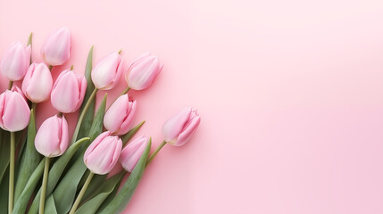 Bouquet de tulipes roses, sur un fond de couleur rose pâle. Nature, fleur, printemps. Avec espace vide de composition, pour conception et création graphique.