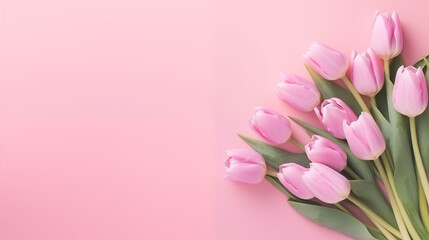 Bouquet de tulipes roses, sur un fond de couleur rose pâle. Nature, fleur, printemps. Avec espace vide de composition, pour conception et création graphique.