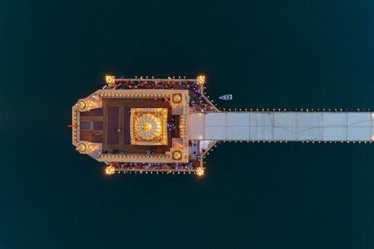 Aerial view of the Sri Harmandir Sahib, a Sikh pilgrimage site in Katra Ahluwalia, Amritsar, Punjab, India.