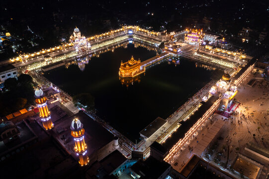 Aerial view of the Sri Harmandir Sahib, a Sikh pilgrimage site in Katra Ahluwalia, Amritsar, Punjab, India.