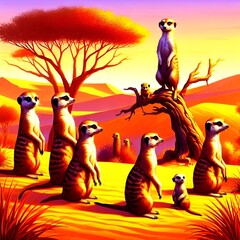 Family of meerkats standing alert in the desert.