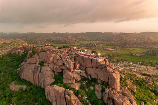 Aerial view of the Yantrodharaka Hanuman Temple at sunset, Gangavathi, Karnataka, India.