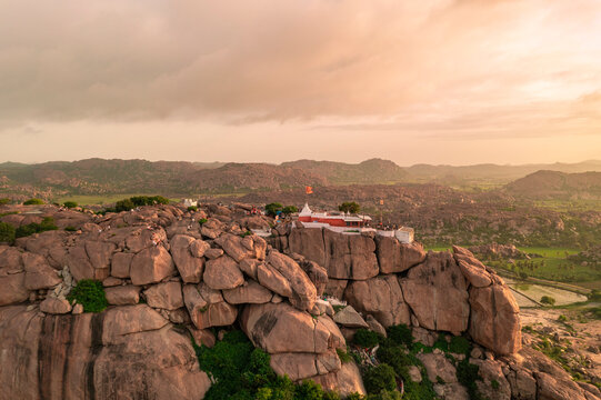 Aerial view of the Yantrodharaka Hanuman Temple at sunset, Gangavathi, Karnataka, India.