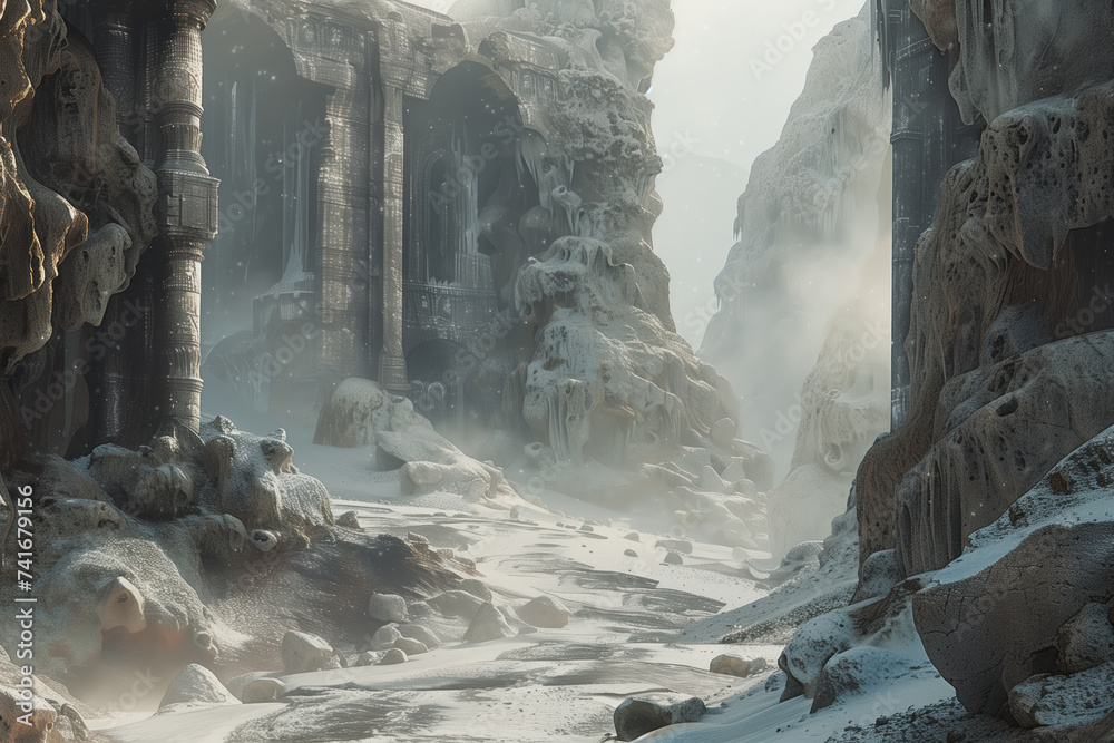 Poster a scenery for an adventurous quest. background image. created with generative ai technology.