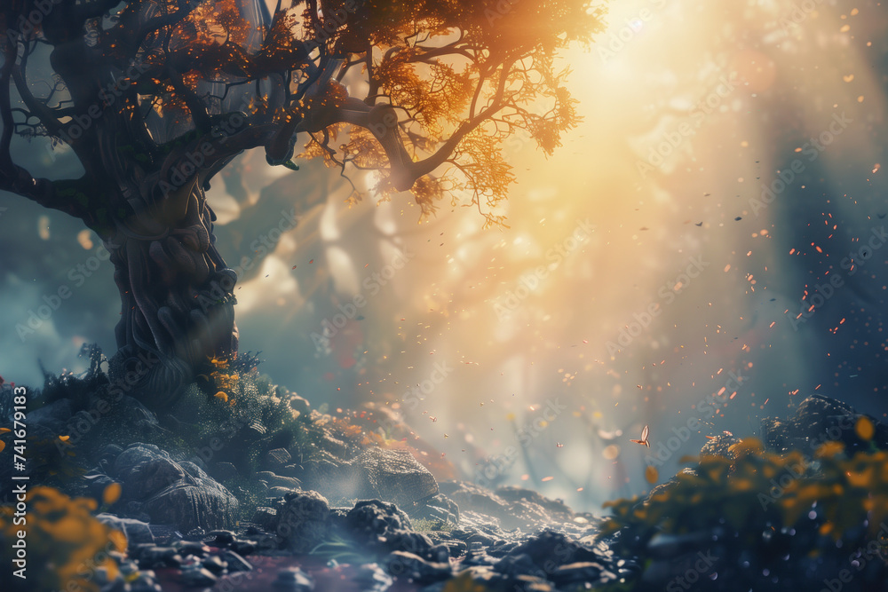 Poster landscape with tree. a scenery for an adventurous quest. background image. created with generative a