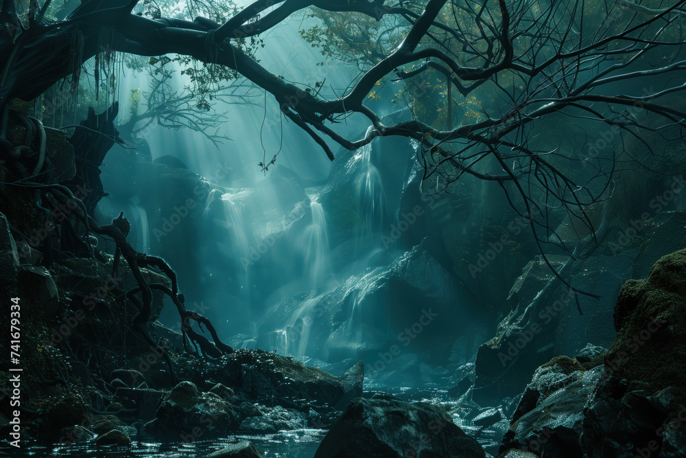 Poster waterfall in the mountains. a scenery for an adventurous quest. background image. created with gener