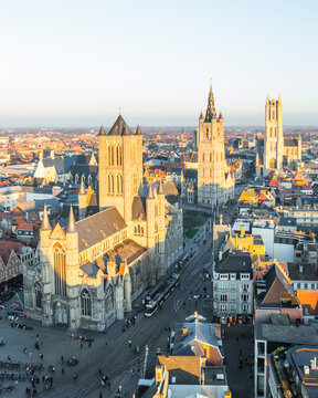 Aerial view of Sint Niklaaskerk (Saint Nicholas Church) in Gent old town center, Ghent, East Flanders, Belgium.
