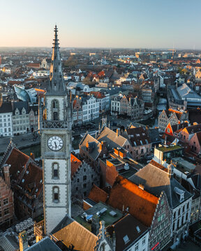 Aerial view of Gildenhuis van de Vrije Schippers clock tower in Gent downtown, Ghent, East Flanders, Belgium.
