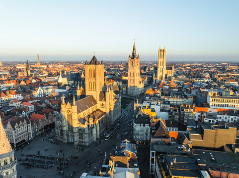 Aerial view of Sint Niklaaskerk (Saint Nicholas Church) in Gent old town center, Ghent, East Flanders, Belgium.