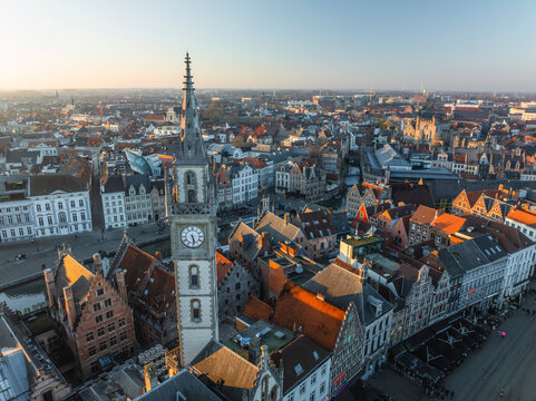 Aerial view of Gildenhuis van de Vrije Schippers clock tower in Gent downtown, Ghent, East Flanders, Belgium.
