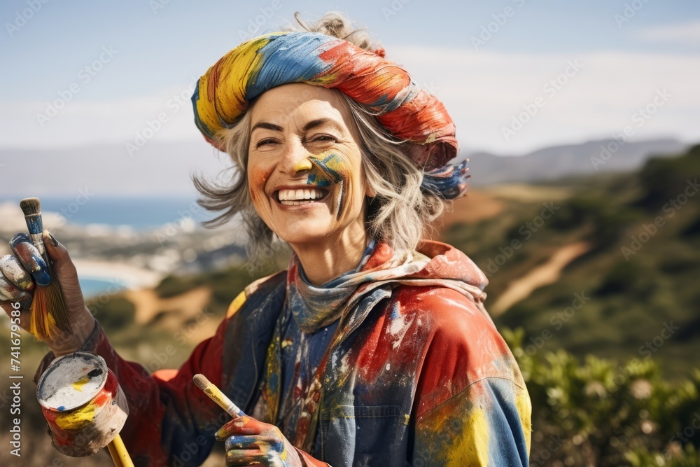 Canvas Prints Portrait of happy senior woman with paintbrush on her face outdoors