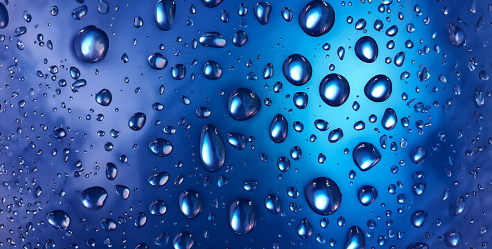 Water drops on blue background. Raindrops on the window. Digital technology background with binary code. 3D rendering and illustration.