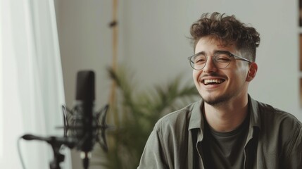 Podcaster at Work. A cheerful young man  recording a podcast, surrounded by podcasting equipment, creating an inviting and friendly atmosphere. Making ASMR Sounds