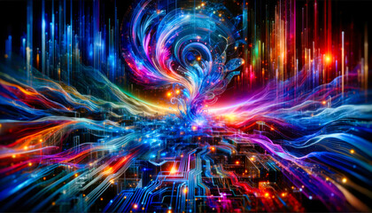 Electrifying vibrant and colorful neon vortex whirls in a colorful cyber stream, where energy pulses through a tech-art infused matrix.