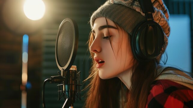 Passionate Singer with Microphone. Close-up of a young female singer recording vocals in a studio, with a microphone in focus and a warm light setting a serene mood