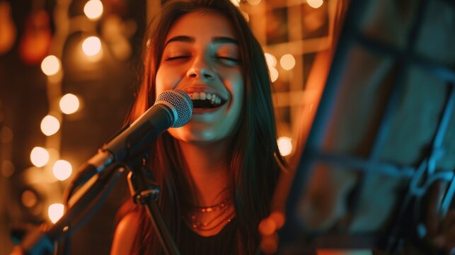Passionate Singer with Microphone. Close-up of a young female singer recording vocals in a studio, with a microphone in focus and a warm light setting a serene mood